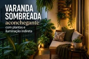 Varanda sombreada aconchegante com plantas e iluminação indireta