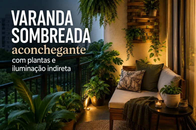 Varanda sombreada aconchegante com plantas e iluminação indireta